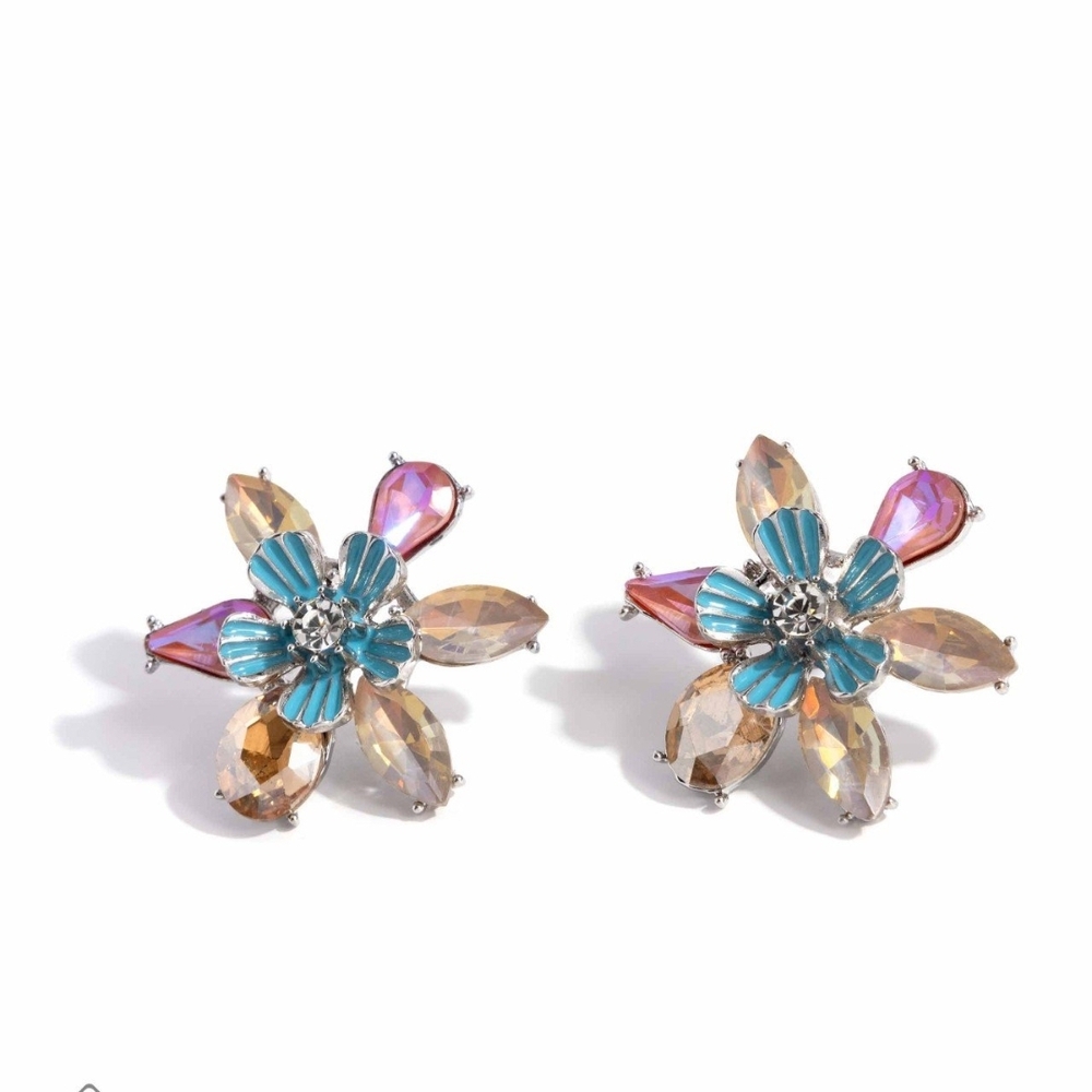 Paparazzi Pink and Blue Crystal Earrings Hamptons Habit Multi Post  Flowers